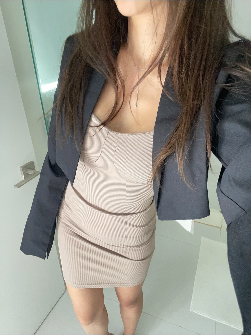 Black blazer with tan mini dress sets